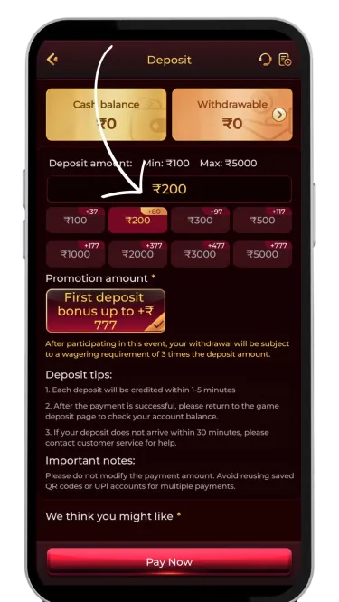 Choose the deposit amount